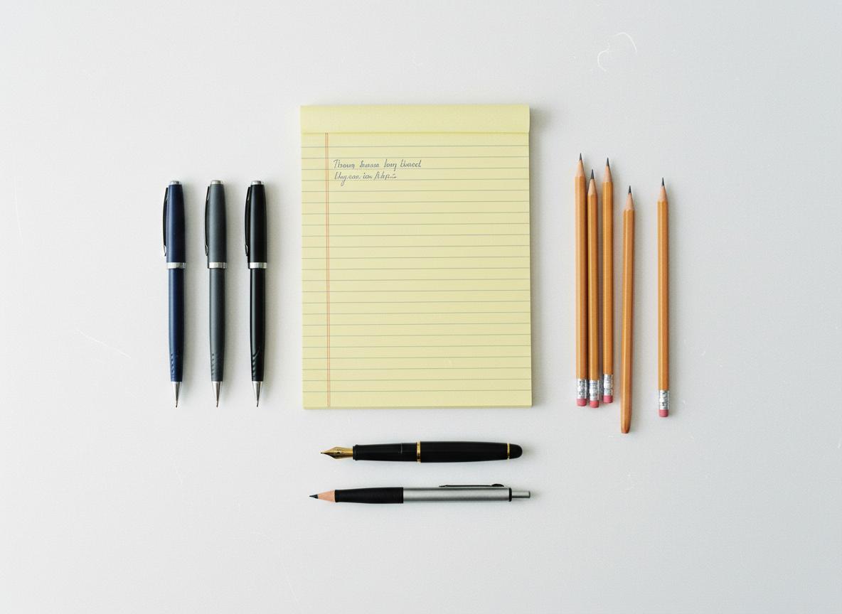 Office supplies including pens and legal pad