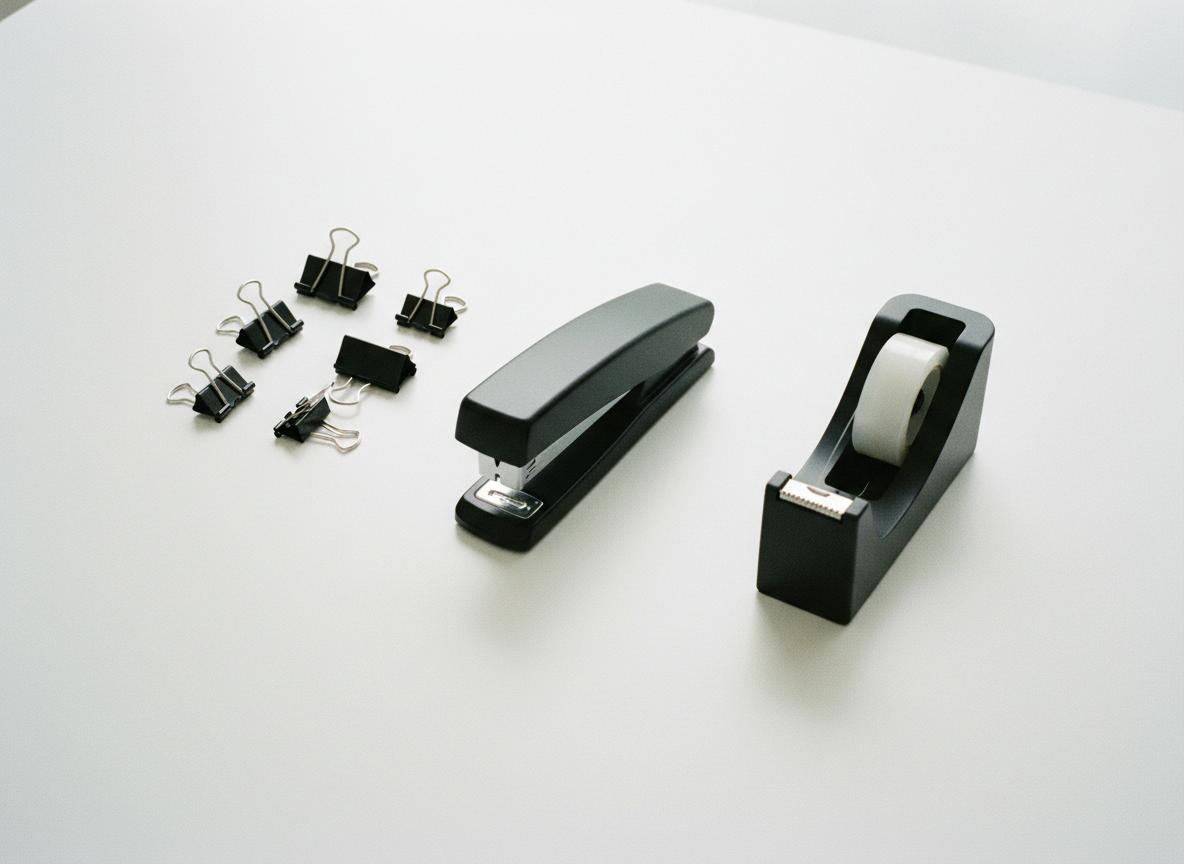 Stapler, binder clips, and tape dispenser